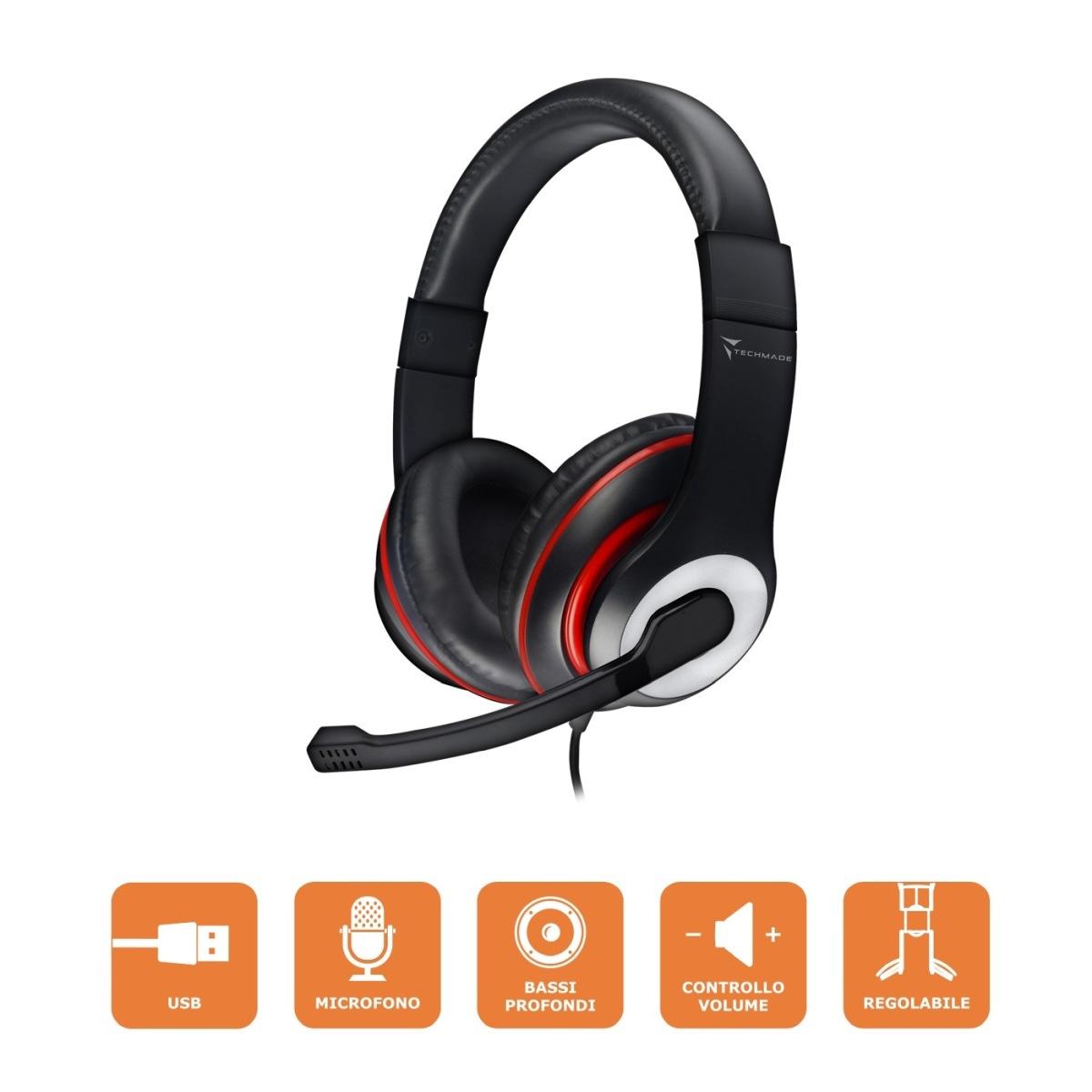 Techmade cuffie usb con regolazione volume,  colore nero