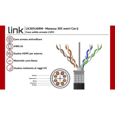 Cavo solido utp per reti categoria 6 lszh+pe in rame matassa mt 305 armato, antiroditore, prezzo per metro lineare