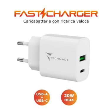 Techmade caricabatterie 20w 1 porta usb-c/usb-a , carica veloce