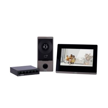 Kit videocitofonico tecnologia ip e wifi, include postazione esterna e monitor e switch poe, lettore mf, poe, app mobile p2p (attivazione da monitor), montaggio a parete, ip65 e ik