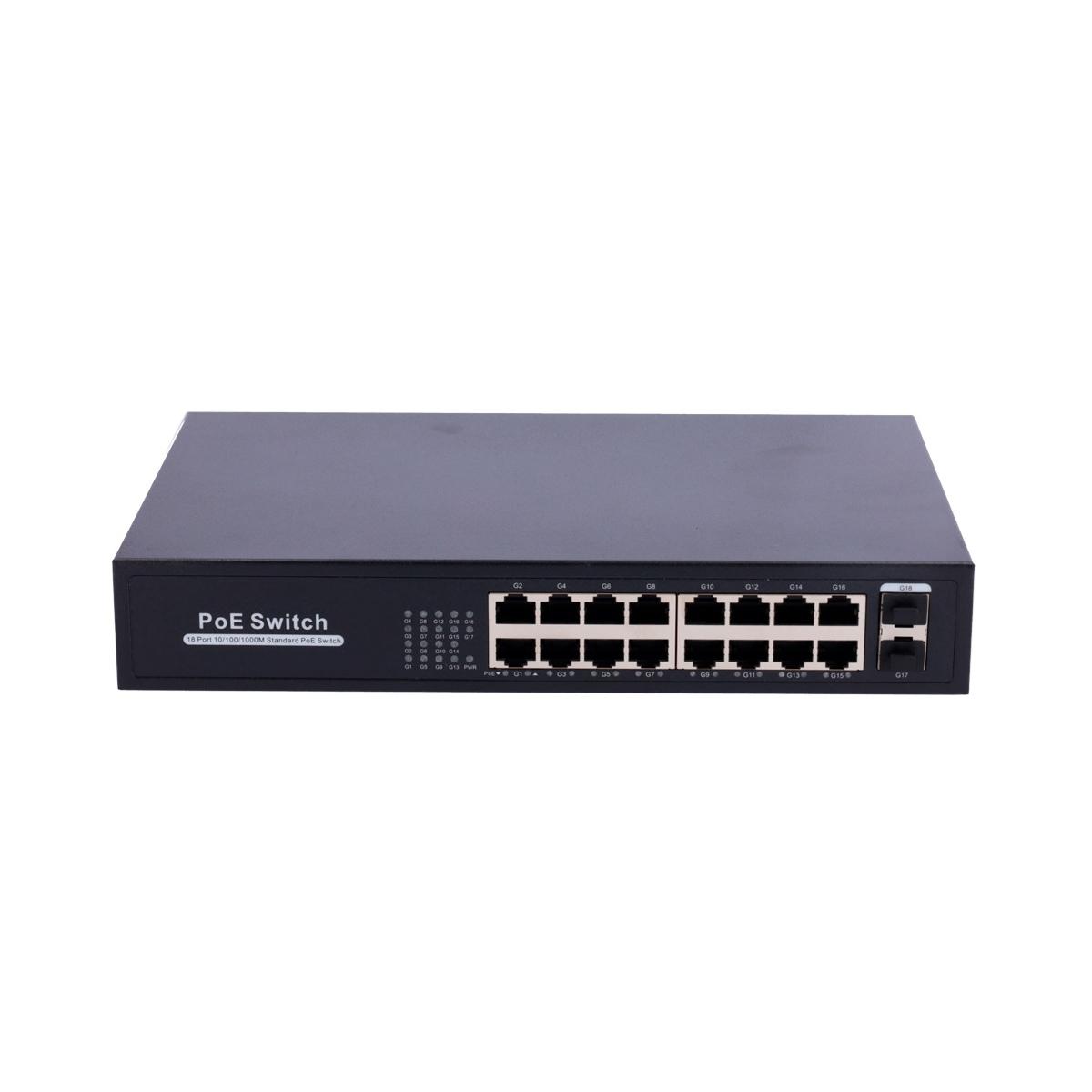 Switch poe 16 porte rj45 + 2 sfp uplink, 16x 10/100/1000mbps + 2x 10/100/1000mbps, 16 porte poe 802.3af/at fino a 30w per ogni porta, potenza totale poe 250w, montaggio su rack