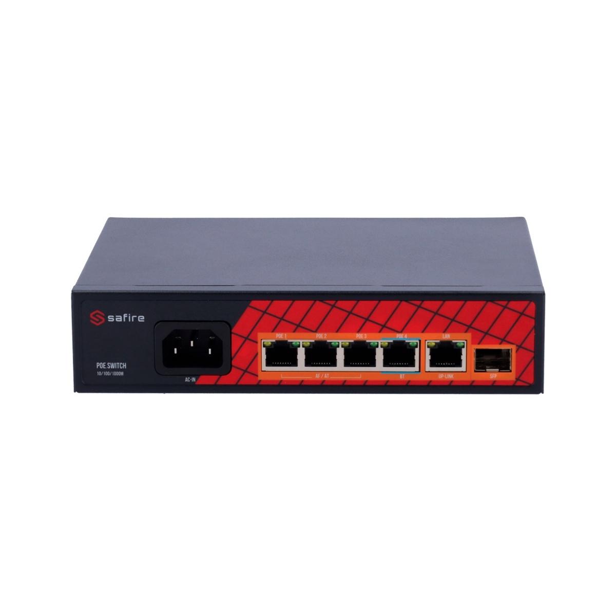Safire switch hi-poe, 4 porte poe + 1 uplink rj45 + 1 uplink sfp, velocitÀ porte gigabit 10/100/1000mbps, 3 porte poe+ 30w + 1 porta hi-poe 60w, poe watchdog, fino a 65w potenza po