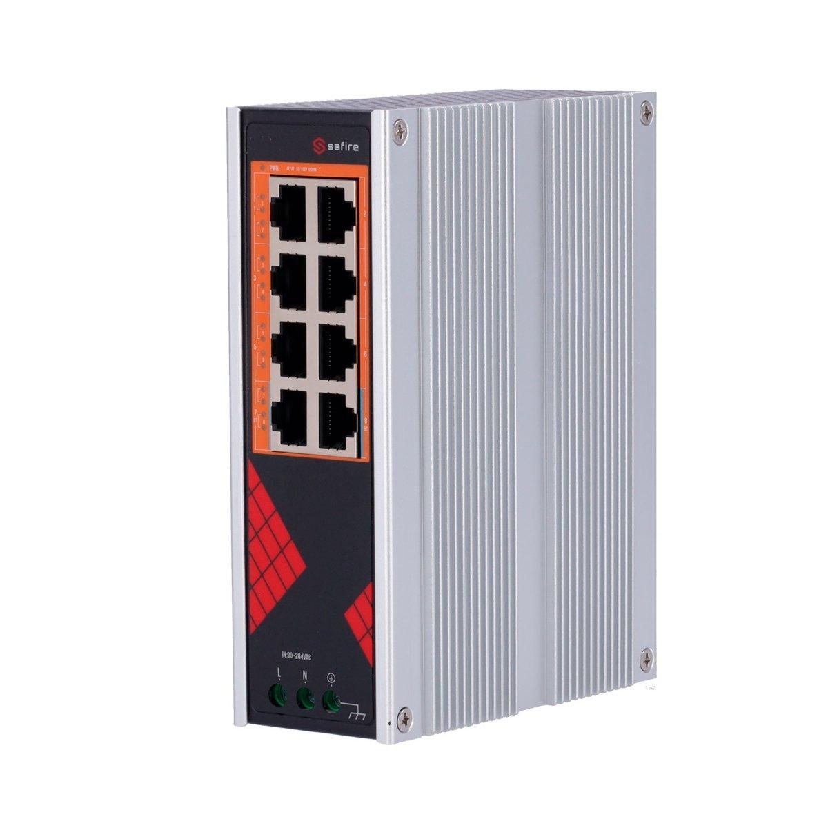 Safire switch industriale alimentazione ac 90~264v, 8 porte gigabit 10/100/1000mbps, 6 porte poe+ 30w + 2 porte hi-poe 60w, poe watchdog, fino a 130w potenza poe totale, installazi