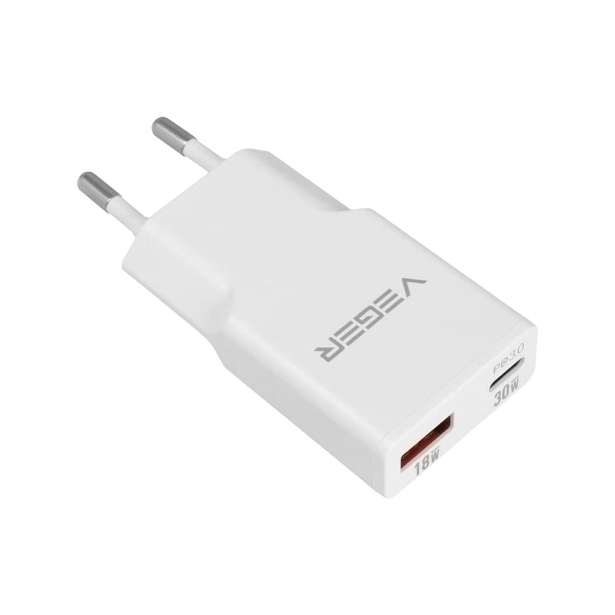 Caricabatteria usb qc3.0 / pd3.0, potenza 30w, carica 2 dispositivi contemporaneamente, uscite usb-a, usb-c, colore bianco