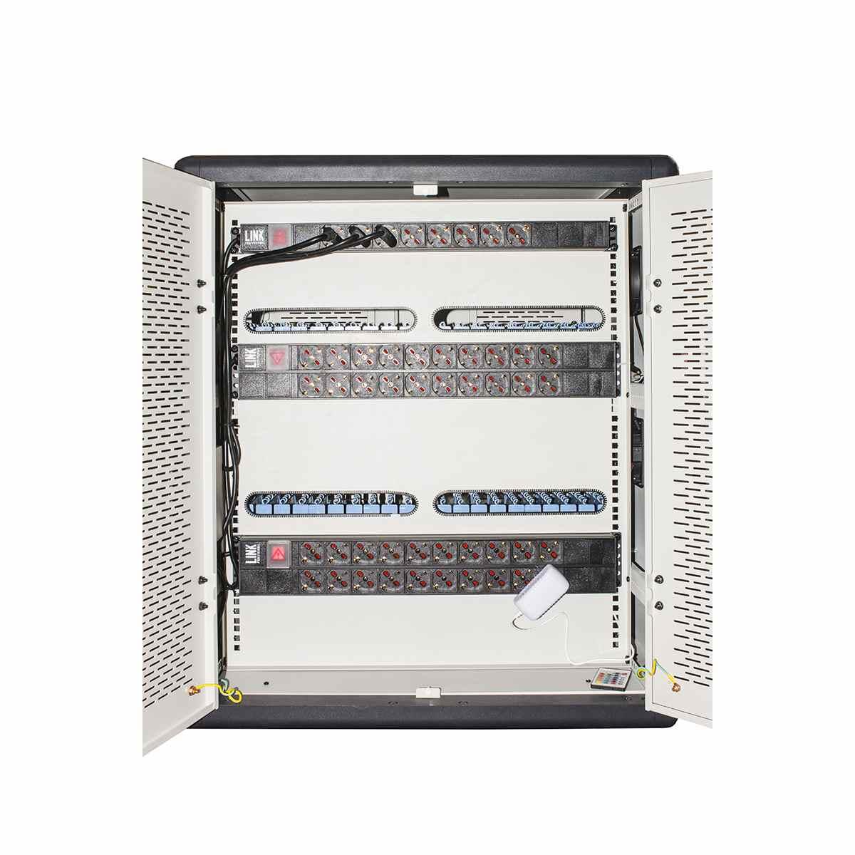 Armadio alloggiamento 40 tablet con ruote multiprese incluse ventole di raffreddamento porta in acciaio traforata colore grigio nero