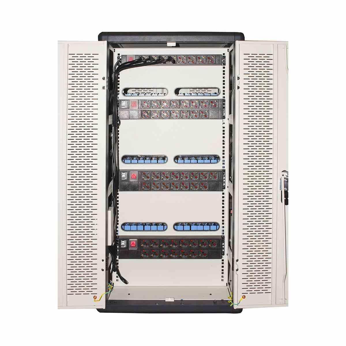 Armadio alloggiamento 45 tablet con ruote multiprese incluse ventole di raffreddamento porta in acciaio traforata colore grigio nero