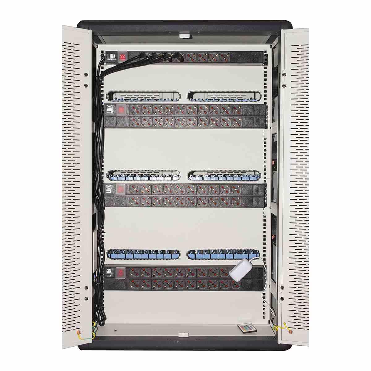 Armadio alloggiamento 60 tablet con ruote multiprese incluse ventole di raffreddamento porta in acciaio traforata colore grigio nero